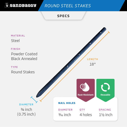 Sandbaggy Round Steel Concrete Form Stakes with Nail Holes - Rust Resistant Coating - Removable, Reusable (100, 3/4 in X 18 in)