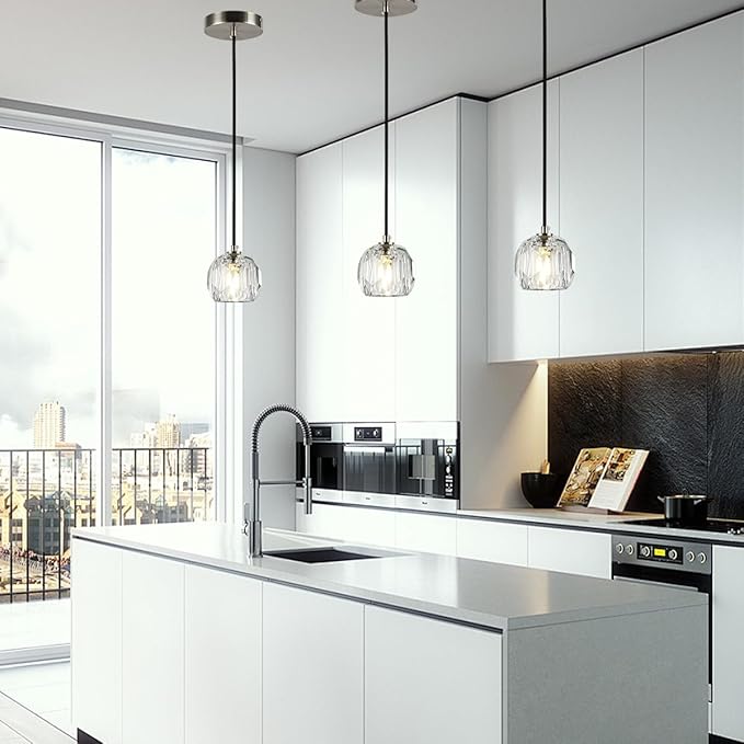 Brushed Nickel Pendant Light, Small Island Pendant Light Fixture for Kitchen, Modern Prism Crystal Single Pendant Hanging Light for Dining Room Bar