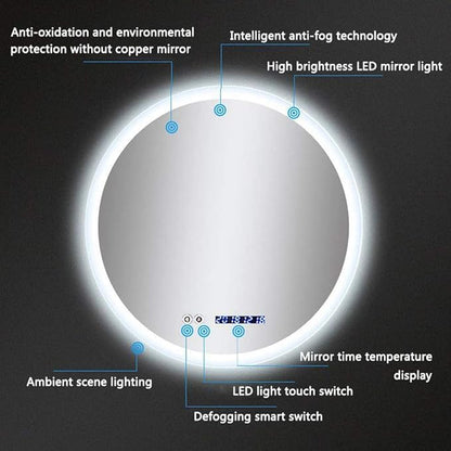 Round LED Bathroom Mirror Demister Pad IP44 Vanity Large Mirror Cold Light Dressing Wall Mirror (Color : Cold Light Size : 60cm) (Cold Light 80cm)