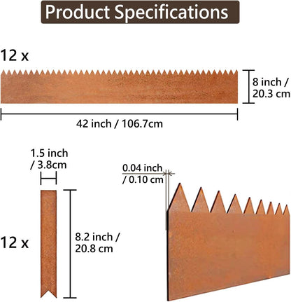 Cor-Ten Steel Landscape Edging with Rust Patina Finish, Pre-Rusted Cor-Ten Steel Landscape Edging, 42 inch Strips, 1mm, 8 inch Depth (12 Pack)