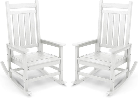SERWALL Outdoor Rocking Chair Set of 2, Adult HDPE Rocking Chair, White | 21.1" Widened Seat adds Extra Comfort, Oversized Rocking Chair for Adults, All Weather Porch Rocker for Lawn Garden