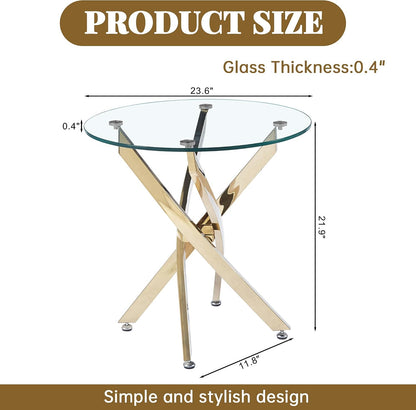 Round Glass End Table with Clear Tempered Glass Top & Cross Stainless Steel Legs, Modern 23.6" Circle Side Table for Living Room, Bedroom, Apartment, Easy to Clean, Gold