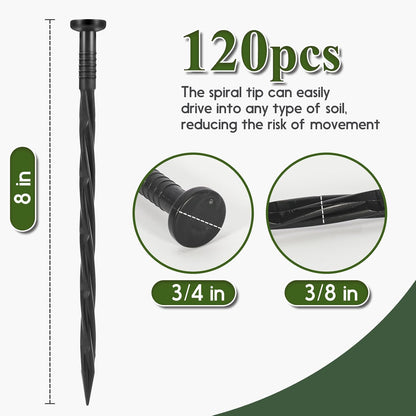 Landscape Edging Stakes, 120 Pcs 8" Plastic Garden Spikes, Spiral Nylon Anchoring Spikes for Paver Edging, Weed Barriers, Artificial Turf, Tent, Grass Pathway and More, Black