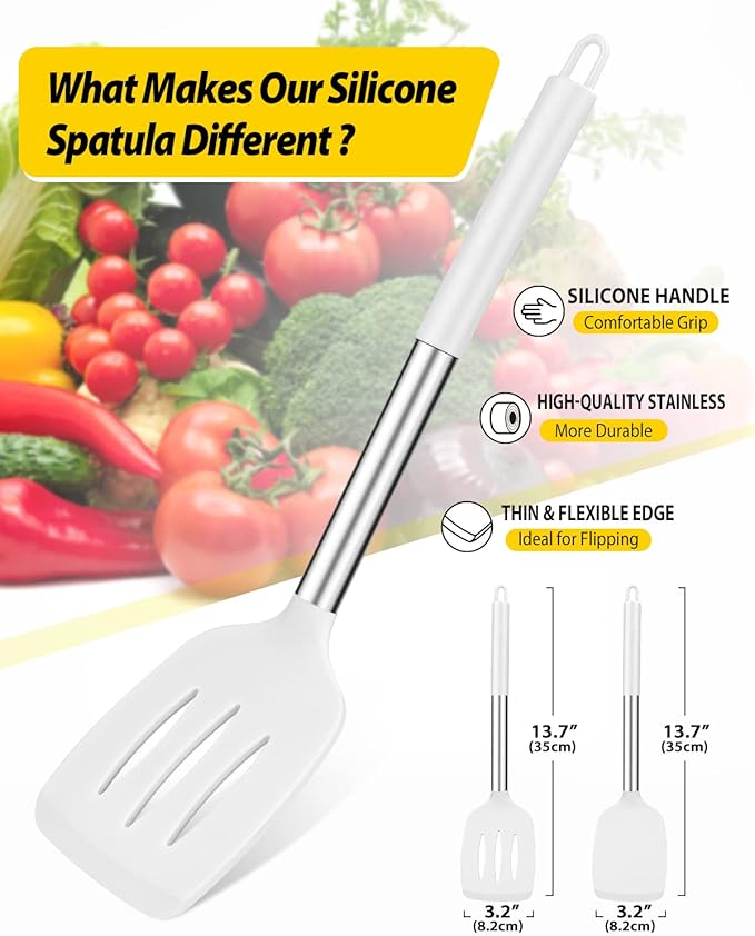 Pack of 2 Silicone Solid Turner, Non Stick Slotted Kitchen Spatulas, High Heat Resistant BPA Free Cooking Utensils, Ideal Cookware for Fish, Eggs, Pancakes(White)