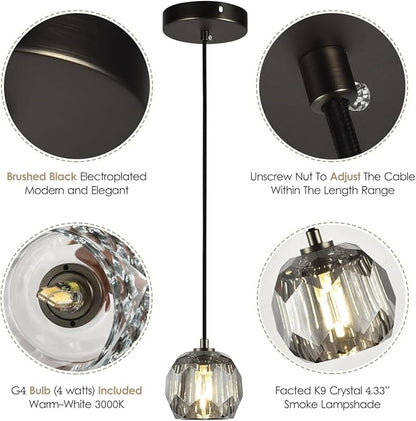 Modern Pendant Light Fixture, Prism Crystal Small Pendant Light for Kitchen Island, Black Crystal Single Pendant Lighting for Dining Room Bedroom
