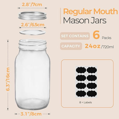 ComSaf 24 oz Mason Jars Regular Mouth 6 Pcs, Large Canning Jars with Seal Bands, 24 oz Glass Jar with Lid for Jams, Sauces, Juice, Coffee, Pickling, Fruit, Dessert, Kitchen Storage
