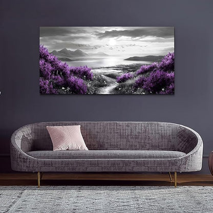 Canvas Wall Decor for Office Large Wall Art for Living Room Modern Bedroom Wall Decoration Purple Flowers Landscape Pictures Black and White Scenery Paintings Artwork Aesthetic Home Decor