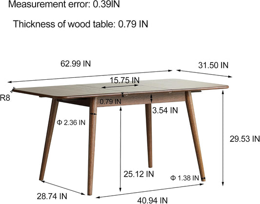47.2''–59'' Extendable Solid Oak Dining Table, Farmhouse Kitchen Table for 6–8 People, Rounded Corners, Smooth Metal Slide Extension, Mid Century Kitchen & Dining (62.99" Walnut)