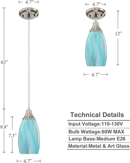 Mini Art Glass Pendant Lights Kitchen Island,Handcrafted Teal with Gold Glass Ceiling Pendant Lighting Brushed Nickel Adjustable Cord Hanging Lamp Cover for Coffe Bar,Dining Room 3pack