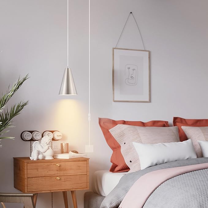 Brushed Nickel Plug In Pendant Light,Hanging Lights with Plug In Cord On/Off Switch, Mini Silver Pendant Lights for Kitchen Island,Modern Chandelier with Metal Shade,Hanging Lamps for Bedroom