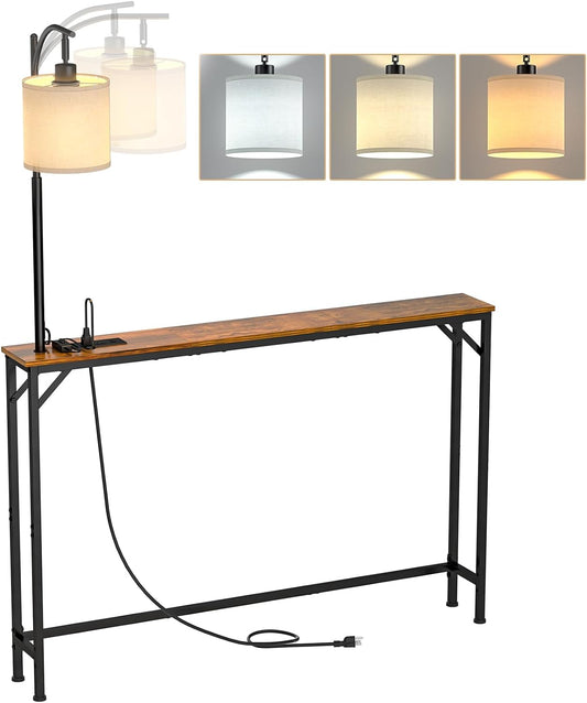 keomaisyto Skinny Sofa Table with Outlet & 3-Color Light, Console Table | 48.1" Behind Couch Table with 3 Color Temperatures Led Bulb, Narrow Console Table for Living Room, Bedroom, Entryway, Hallway