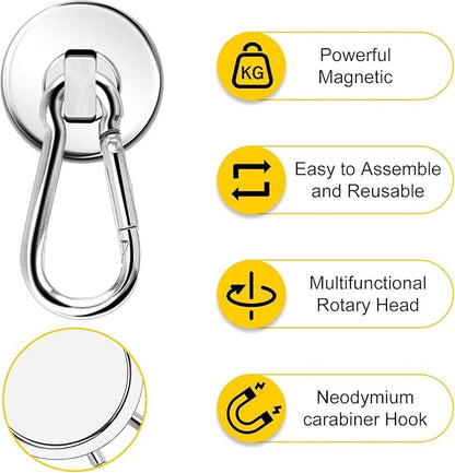 DIYMAG Magnetic Hooks, 110LBS Heavy Duty Neodymium Magnetic Hooks with Swivel Carabiner Hook,Great for Your Refrigerator and Other Magnetic Surfaces, Pack of 15