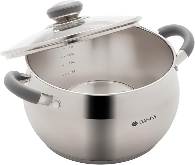 Daniks Modern Stainless Steel Stock Pot with Glass Lid – Induction 3 Quart, Dishwasher Safe, Heatproof Handles, For Soup, Pasta, Stew, Silver