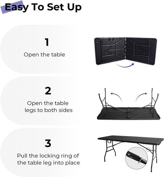 Folding Table 6ft, Heavy Duty Portable Utility Table with Handle, Black | Fold-in-half Design,Easy Storage,HDPE Top,Sturdy Legs,330lbs Support,Indoor Outdoor Use for Dining,Parties,Picnic