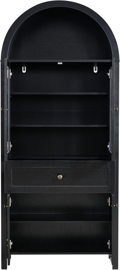 71" Tall Arched Pantry Cabinet, Kitchen Storage Pantry Cabinet, Farmhouse Wood Arched Bookshelf with Drawers and Adjustable Shelves for Living Room, Kitchen, Dining Room (Black)