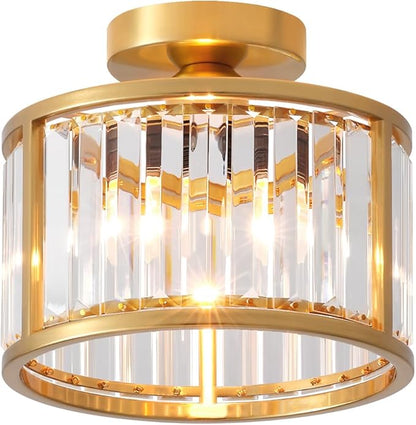 Black Flush Mount Ceiling Light, 2- Light Caged Crystal Chandelier, Small Drum Hallway Light fixtures Ceiling Mount (8.6 INCH Brass Gold（1-Light）)