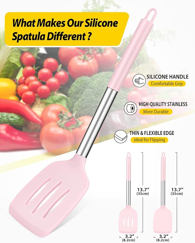 Pack of 2 Silicone Solid Turner, Non Stick Slotted Kitchen Spatulas, High Heat Resistant BPA Free Cooking Utensils, Ideal Cookware for Fish, Eggs, Pancakes(Pink)