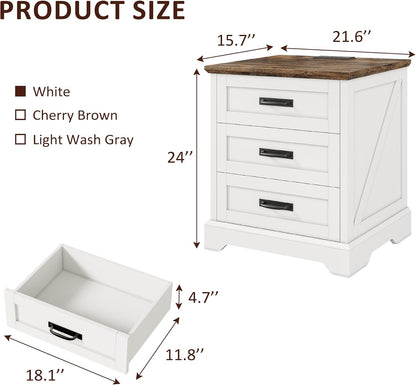 Whalefall 3 Drawers Farmhouse Nightstand with Charging Station, White | 22'' Wide Bedside Table for Bedroom, Large End Table with Storage for Living Room, Wooden Pedestal