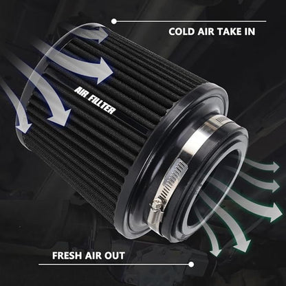 4-Inch Cold Air Intake Filter - Washable, High Performance, 3" or 3-1/2" or 4" Clamp-On Replacement Cone Air Filter Universal 3 Sizes in 1 Black