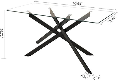 60" Rectangular Glass Dining Table Modern Kitchen Glass Top Table for 6 with Black Metal Legs, Clear Dining Table Kitchen Table for Home Office Dining Room