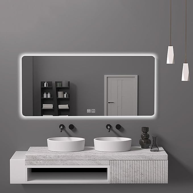Bathroom Mirror with LED Lights, Lighted Bathroom Makeup Wall Mounted Mirror with Demister Pad, 3-Color Dimmable LED Light, for Wall Decor, Vanity, Living Room(A,50x70cm)