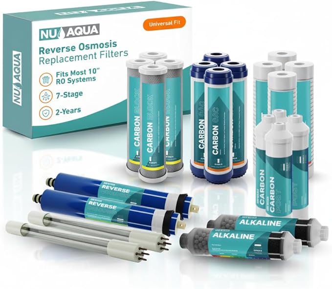 NU Aqua Reverse Osmosis Water Filter System Replacement Set - 7 Stage 2 Year Alkaline & UV Under Sink Kit - Membrane, Sediment, Carbon Filters, Parts & Fittings - Universal RO Filtration Cartridge