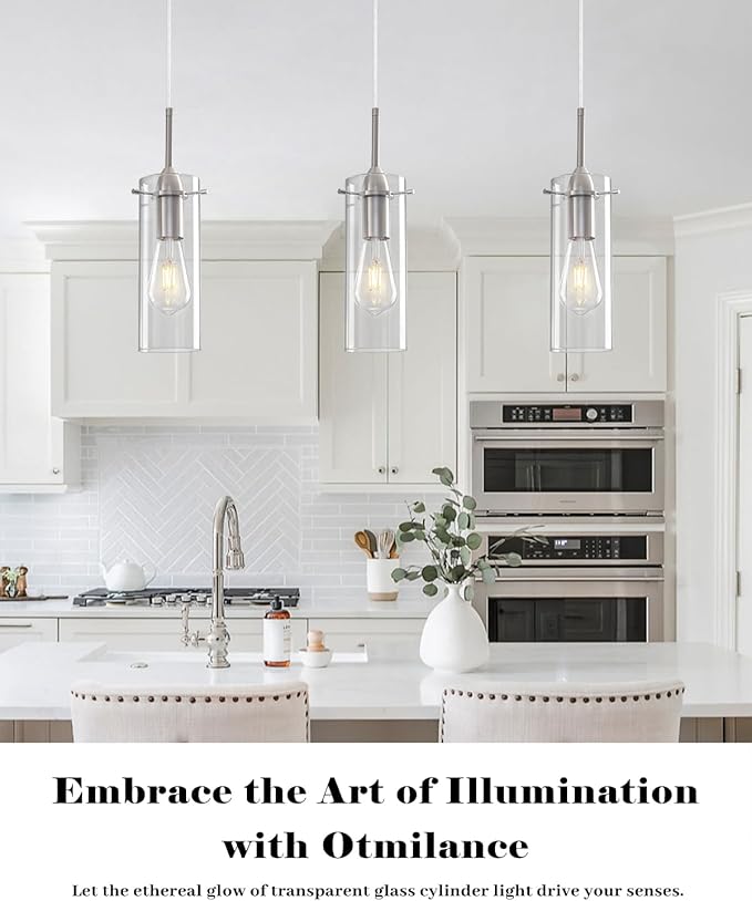 Glass Pendant Lights Kitchen Island 2 Packs, Brushed Nickel Pendant Light, Modern Clear Glass Pendant Light Fixture, Hanging Pendant Lights for Kitchen Island Dining Room Hallway