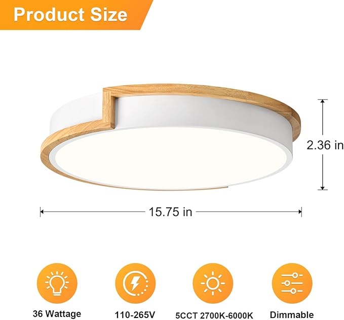 Dimmable LED Wood Flush Mount Ceiling Lights,Modern White 5CCT 2700K-6000K Lighting Fixtures,Round Ceiling Lamp for Kitchen Living Room Dining Room Bathroom Bedroom Entryway 15.8in