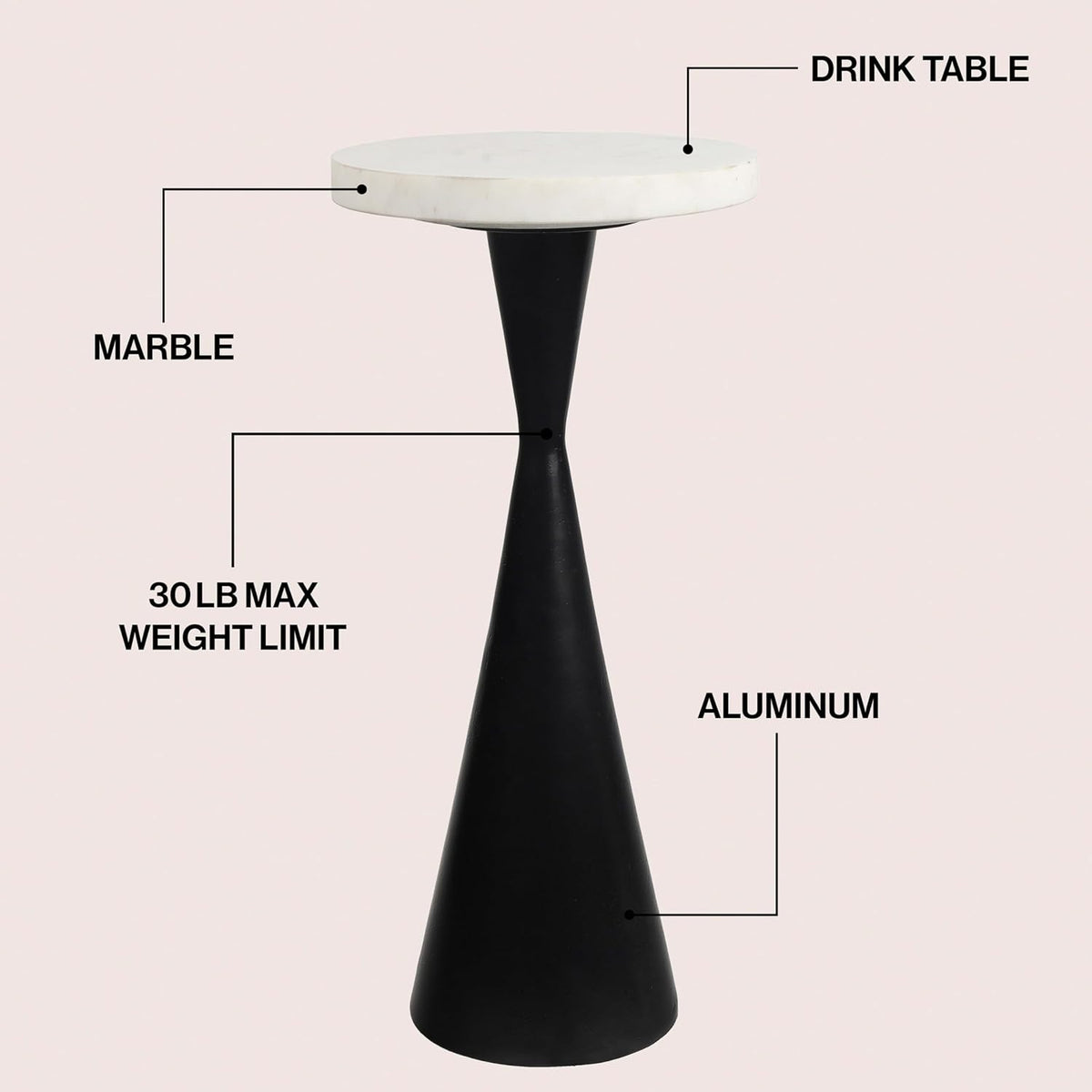 Eyely DNE4003B Liv 22" Designer Metal Drink Table and Decorative End Table w/White Marble Round Top and Cone Pedestal Base for Living Room, Bedroom, Antique Black