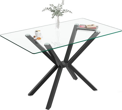 47.24" Rectangular Glass Dining Table Modern Kitchen Glass Top Table for 4 with Black Metal Legs, Clear Dining Table Kitchen Table for Home Office Dining Room
