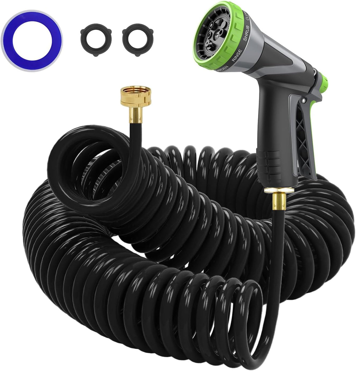 Coil Hose,3/8" EVA Coil Garden Hose 50 FT,Curly Water Hose Lightweight with Brass Connectors,Recoil Garden Hose Includes 8-Pattern Spray Nozzle for Boat, Yard, Patio, Green