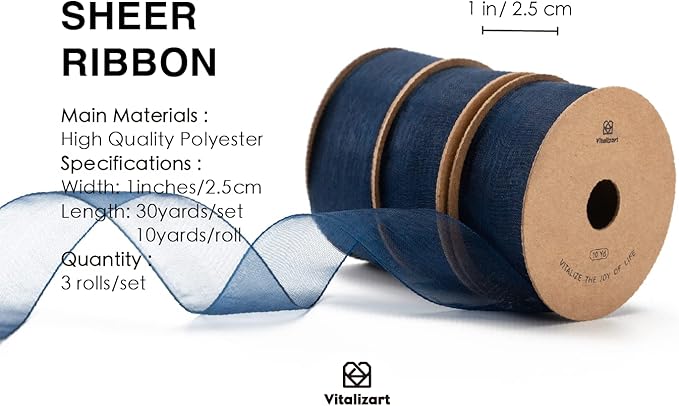 Vitalizart Navy Blue Ribbon Organza Sheer Ribbon 1 inch x 30 Yd in Total Handmade Fabric Ribbons for Gift Wrapping Christmas Tree Crafts Bows Wedding Invitations Wreaths Wrap