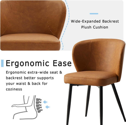 Dining Chairs Set of 2, Caramel Brown Mid-Century Modern Faux Leather Upholstered Chairs, Ergonomic Curved Backrest, Metal Legs, Easy-to-Clean for Kitchen, Dining Room, Living Room