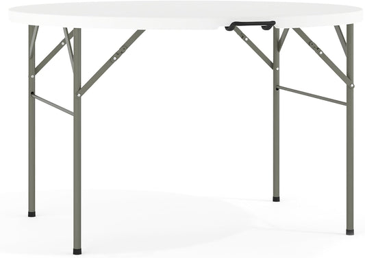 Flash Furniture 4-Foot Round Bi-Fold Granite White Plastic Folding Table | Lightweight, Easy Storage, Commercial Grade, Carrying Handle
