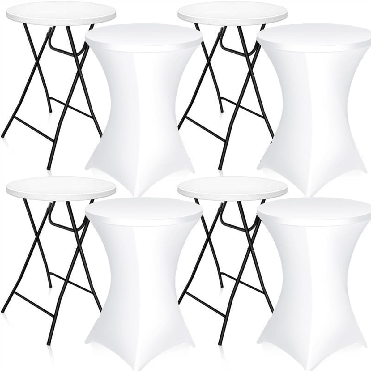 Wenqik 4 Pcs 32'' High Top Cocktail Table White Round Bar Height Folding Table with Removable Legs and 4 Pcs 32x43'' Cocktail Tablecover Spandex Stretch