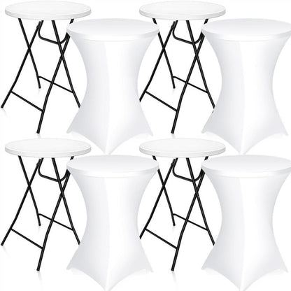 Wenqik 4 Pcs 32'' High Top Cocktail Table White Round Bar Height Folding Table with Removable Legs and 4 Pcs 32x43'' Cocktail Tablecover Spandex Stretch