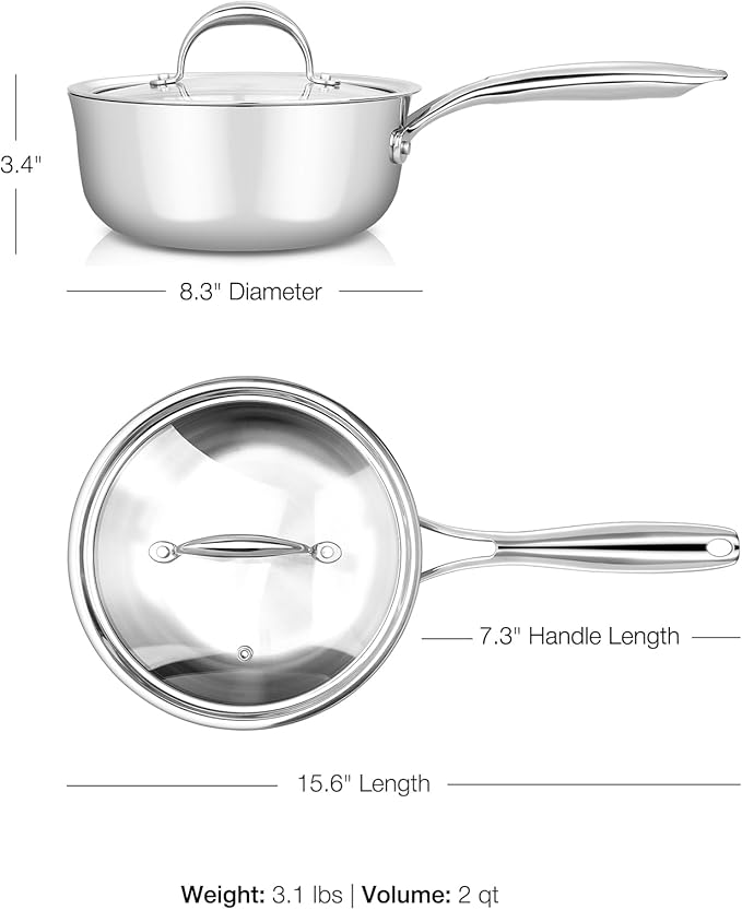 KEAWELL K3 Premium 2-Quart Tri-Ply Stainless Steel Saucepan with Lid, Induction & Oven Safe up to 600°F, Even Heating, Professional Cookware for All Stovetops (2-Qt)