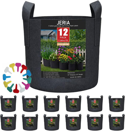 JERIA 12-Pack 5 Gallon, Vegetable/Flower/Plant Grow Bags, Aeration Fabric Pots with Handles (Black), Come with 12 Pcs Plant Labels