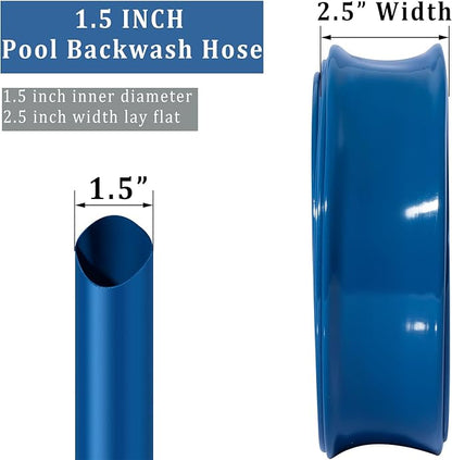 Pool Backwash Hose 1 1/2 inch × 100 ft Thicken Blue Water Discharge Pipe Lay Flat Tubing Hose for Backwash Pool Filter, Drain Pool Pond Water (1.5in-100ft)