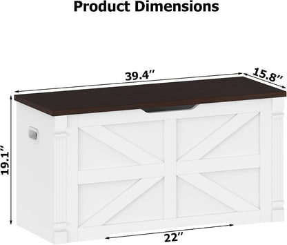 VVFLU Storage Bench, 39.4" Storage Chest with 2 Safety Hinges, Farmhouse Roman Column Design with Elliptical Handle Holes, for Entryway, Bedroom, Living Room (White + Walnut)