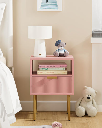 Nightstand,Morden Bedside Table with Gold Frame,Small Night Stand,End Table,Bedside Furniture,Side Table with Drawer and Shelf for Bedroom,Living Room (1Drawer, Pink)