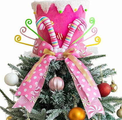 Pink Christmas Tree Topper Hat, Pink Tree Topper Hat with Bows Ribbon Ornament, Top Hat Christmas Tree Topper for Home Office Holiday Xmas Gift Tree Decoration(Velvet Material