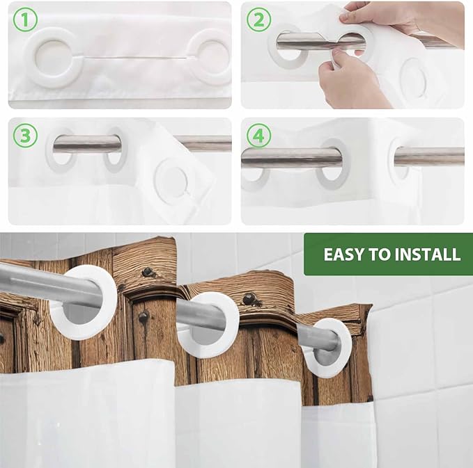 Wood Barn Door No Hook Shower Curtain with Snap in Liner Set, Waterproof Shower Curtains for Bathroom, Wooden Plank Fabric Shower Curtain, See Through Mesh Top Window, 36" W x 72" L