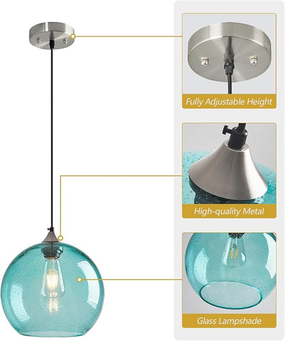 Light Blue Glass Pendant Lights Kitchen Island Globe Pendant Light Fixtures Modern Pendant Lighting for Bedroom Living Dining Room Light Fixture (9.84 in, 1 Pack)