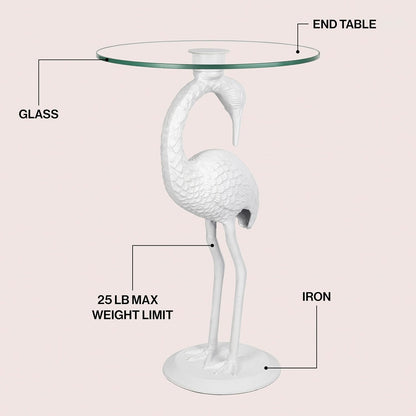 Eyely DNE1006C Maxine 25" Classic Mid-Century Glass Top Flamingo End Table for Living Room, Bedroom, Office, Bathroom, White