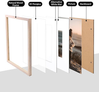 KINLINK 9x12 Picture Frames Natural, Solid Wood Frames with Acrylic Plexiglass for Pictures 5x7/6x8 with Mat or 9x12 without Mat, Tabletop and Wall Mounting Display, Set of 4