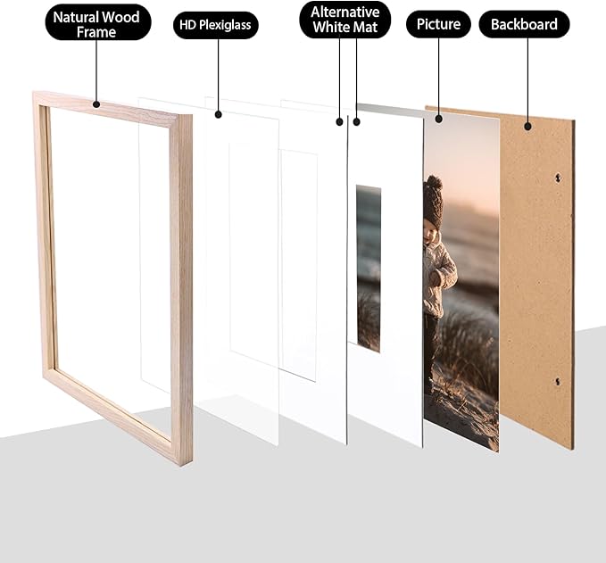 KINLINK 5x7 Picture Frame Natural, Solid Wood Frames with Acrylic Plexiglass for Pictures 3.5x5/4x6 with Mat or 5x7 without Mat, Tabletop and Wall Display Photo Frame, Set of 4