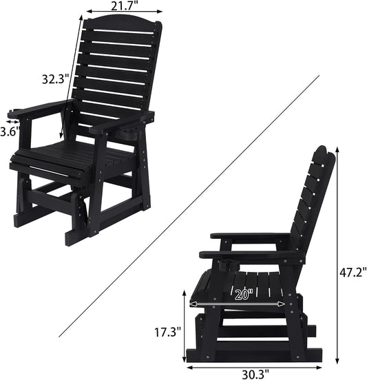Poly Lumber Patio Glider for One Person, with Cup Holders, High Backrest and Deep Contoured Seat, HIPS Material, All-Weather Resistant, Heavy Duty 700 Pounds (Black)