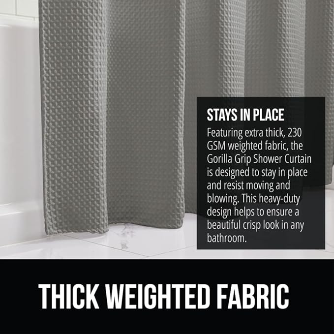GORILLA GRIP Waffle Shower Curtain, Thick Weighted Fabric, 72x78, Wrinkle and Rust Resistant, Classic Hotel Quality Design, Heavy Duty Long Curtains for Bathroom Showers, Bath Tubs, Machine Wash, Gray