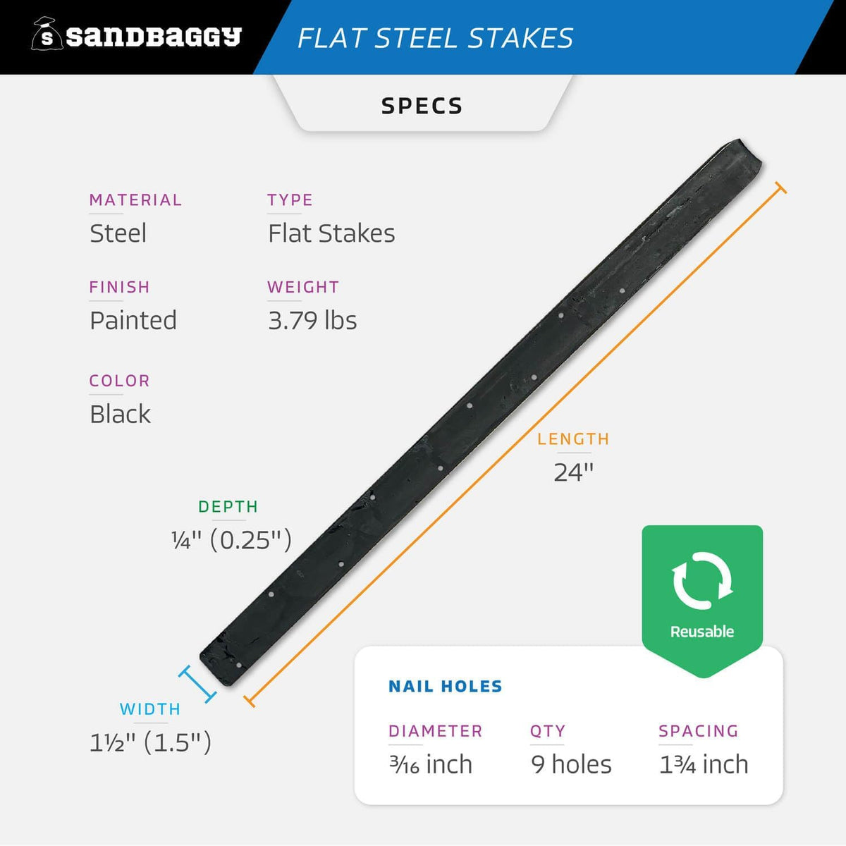 Sandbaggy Flat Steel Stakes for Concrete Forms with Nail Holes - 1.5" Wide - Painted - Removable, Reusable, V Point End - Construction Grade Stakes (20, 24 inch)